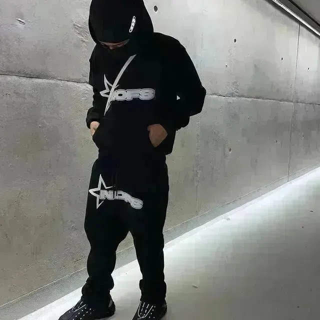 2 pcs Gothic Punk Rock Streetwear Hoodie Outfit set Unisex