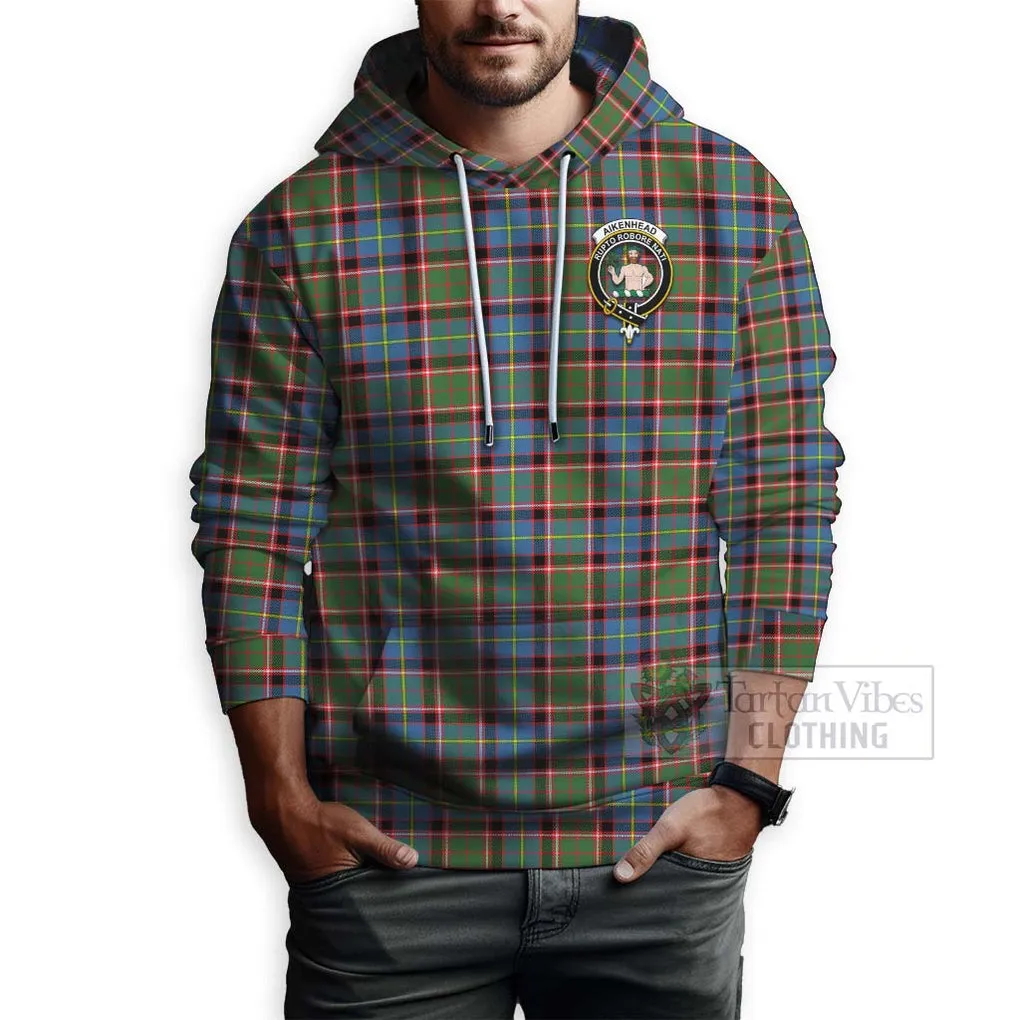 Aikenhead Tartan Hoodie with Family Crest and Bearded Skull Holding Bottles of Whiskey