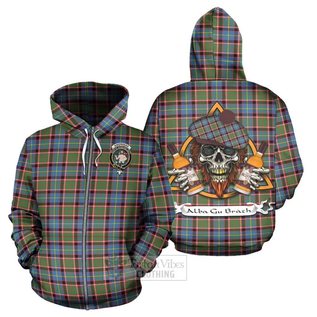 Aikenhead Tartan Hoodie with Family Crest and Bearded Skull Holding Bottles of Whiskey