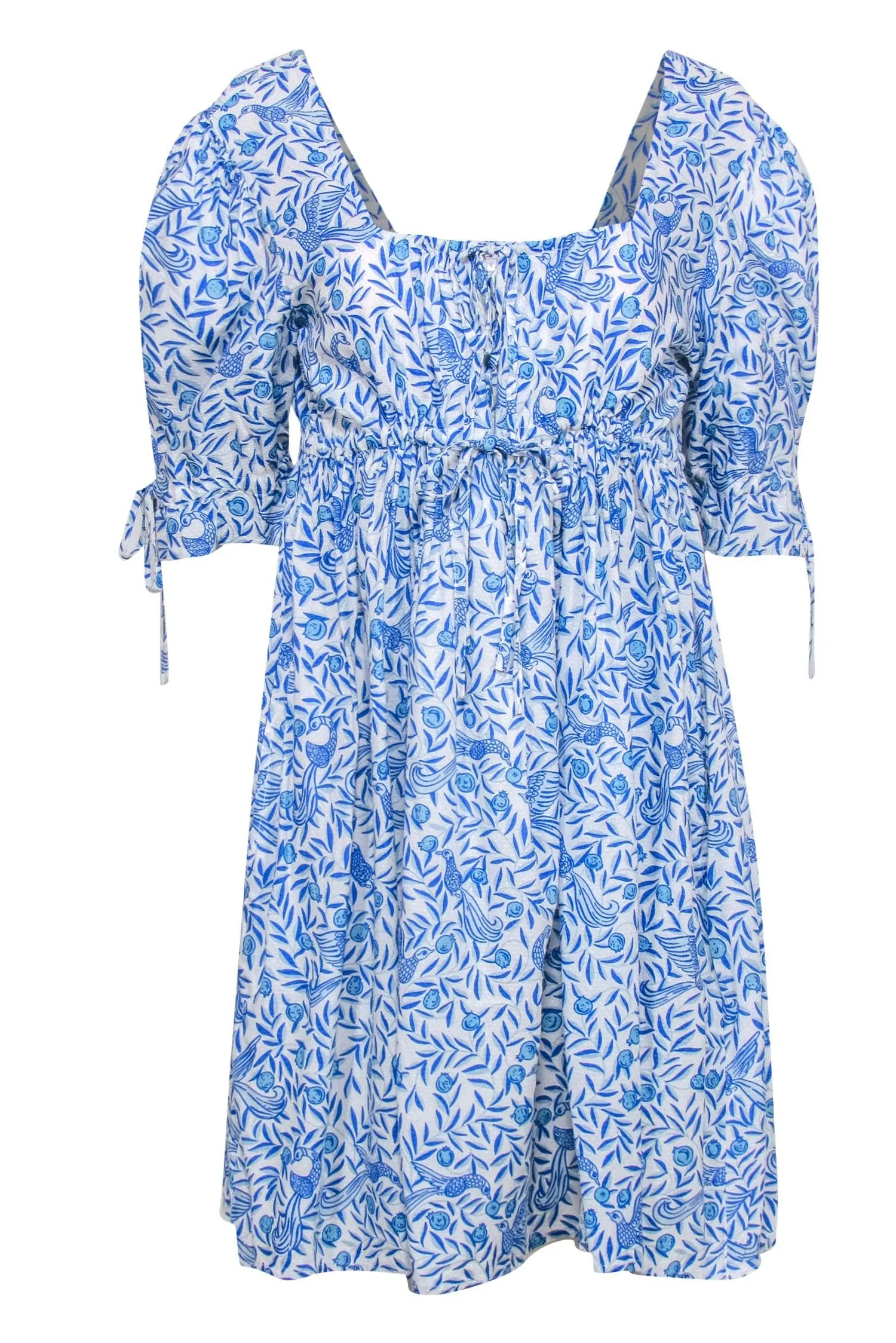 Banjanan - Blue & White Textured Bird & Leaf Print Babydoll Dress Sz L