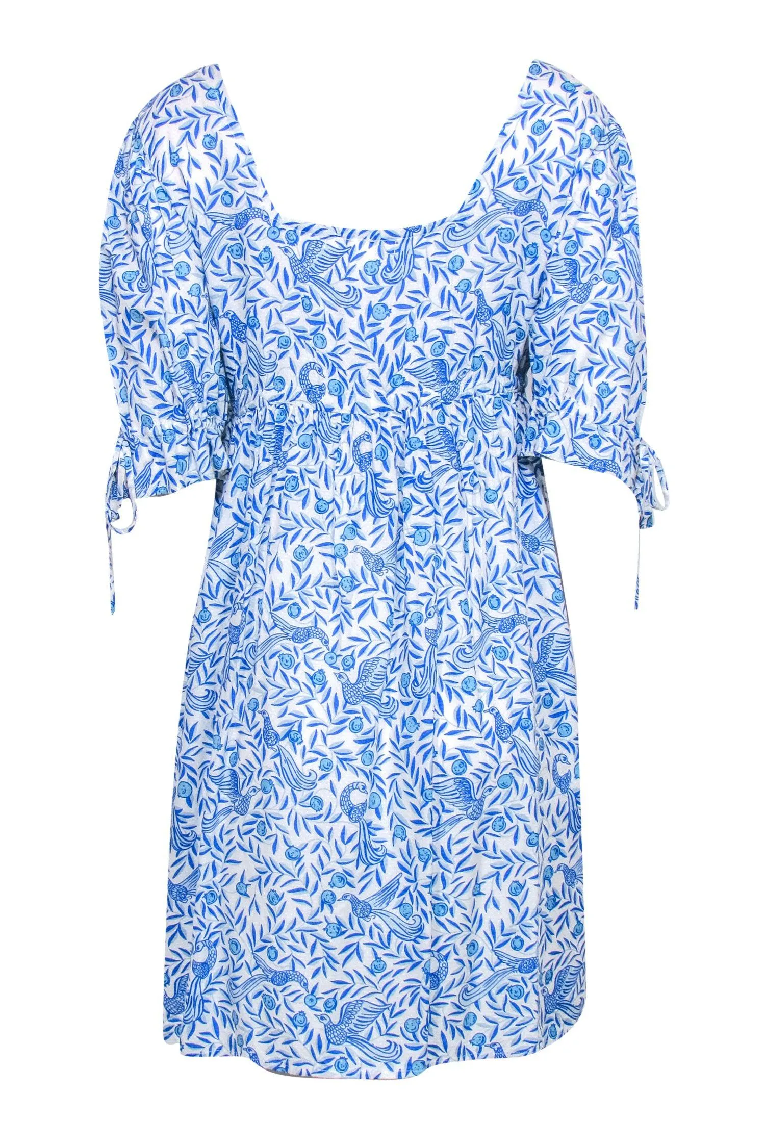 Banjanan - Blue & White Textured Bird & Leaf Print Babydoll Dress Sz L