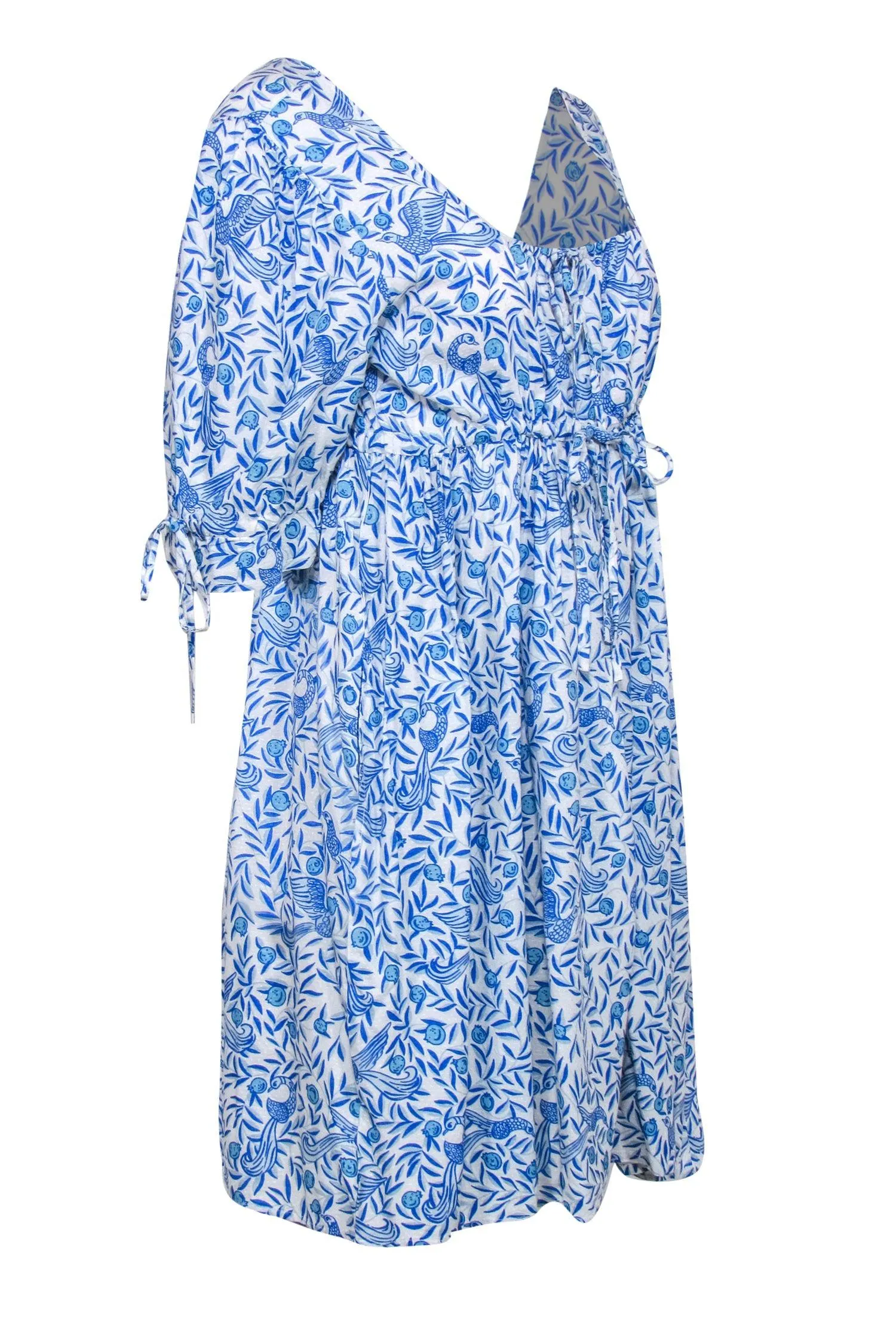 Banjanan - Blue & White Textured Bird & Leaf Print Babydoll Dress Sz L