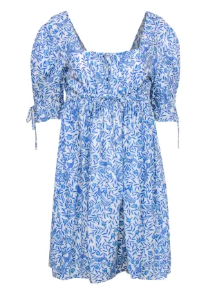 Banjanan - Blue & White Textured Bird & Leaf Print Babydoll Dress Sz L