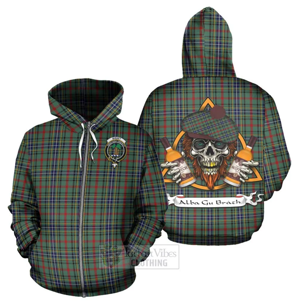 Bisset Tartan Hoodie with Family Crest and Bearded Skull Holding Bottles of Whiskey