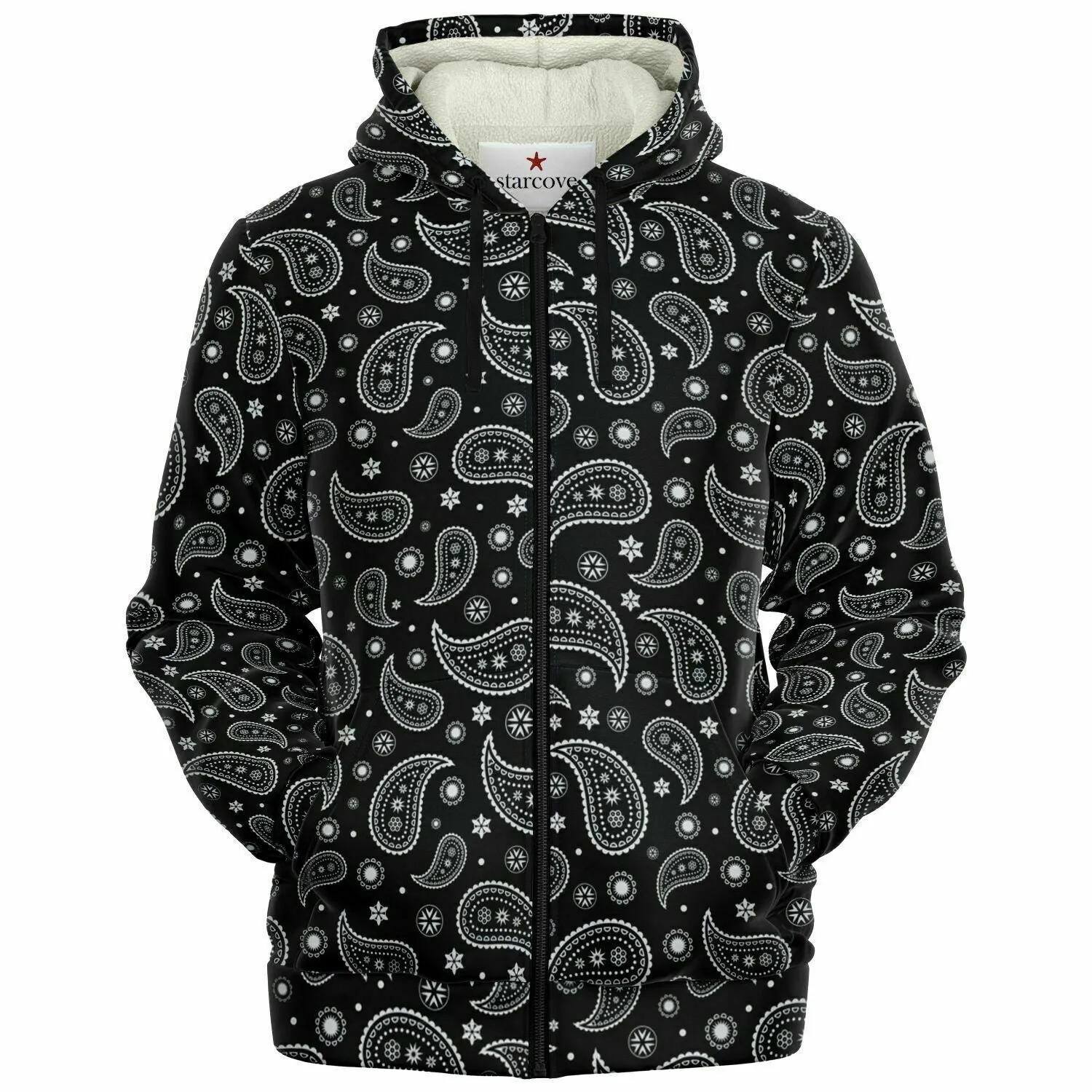 Black Paisley Zip Up Fleece Lined Hoodie, Bandana Heavyweight Full Zipper Pocket Men Women Unisex Aesthetic Hooded Sweatshirt Jacket