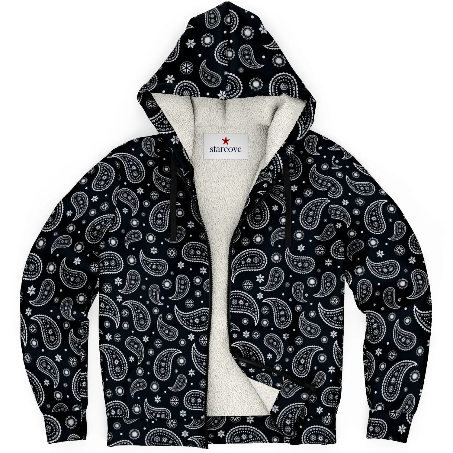 Black Paisley Zip Up Fleece Lined Hoodie, Bandana Heavyweight Full Zipper Pocket Men Women Unisex Aesthetic Hooded Sweatshirt Jacket