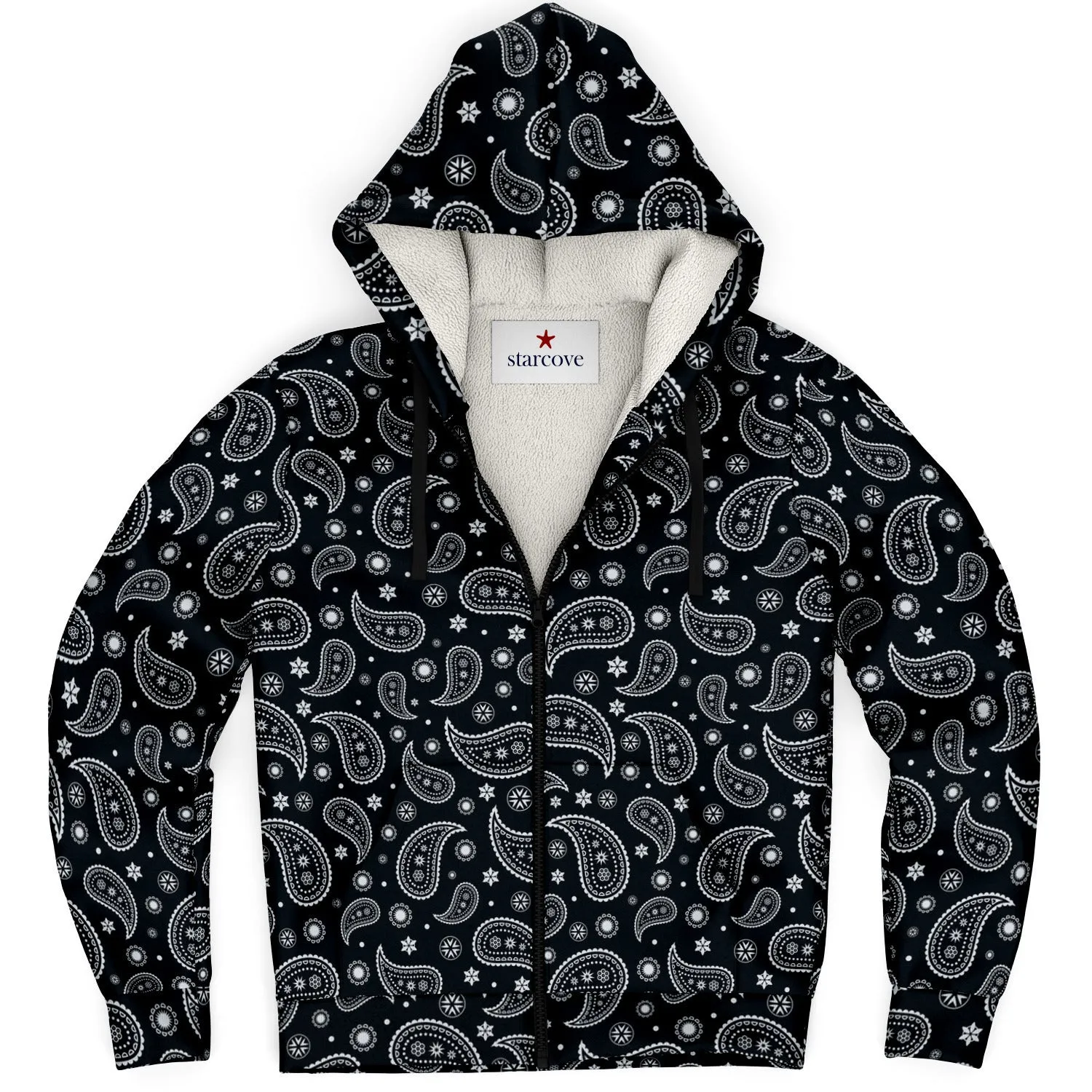 Black Paisley Zip Up Fleece Lined Hoodie, Bandana Heavyweight Full Zipper Pocket Men Women Unisex Aesthetic Hooded Sweatshirt Jacket