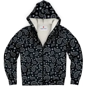 Black Paisley Zip Up Fleece Lined Hoodie, Bandana Heavyweight Full Zipper Pocket Men Women Unisex Aesthetic Hooded Sweatshirt Jacket
