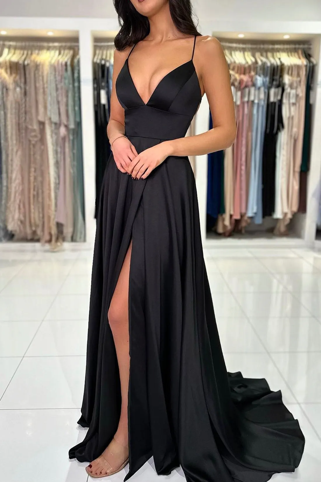 Black V-Neck Satin Long Prom Dress, Beautiful A-Line Backless Evening Party Dress