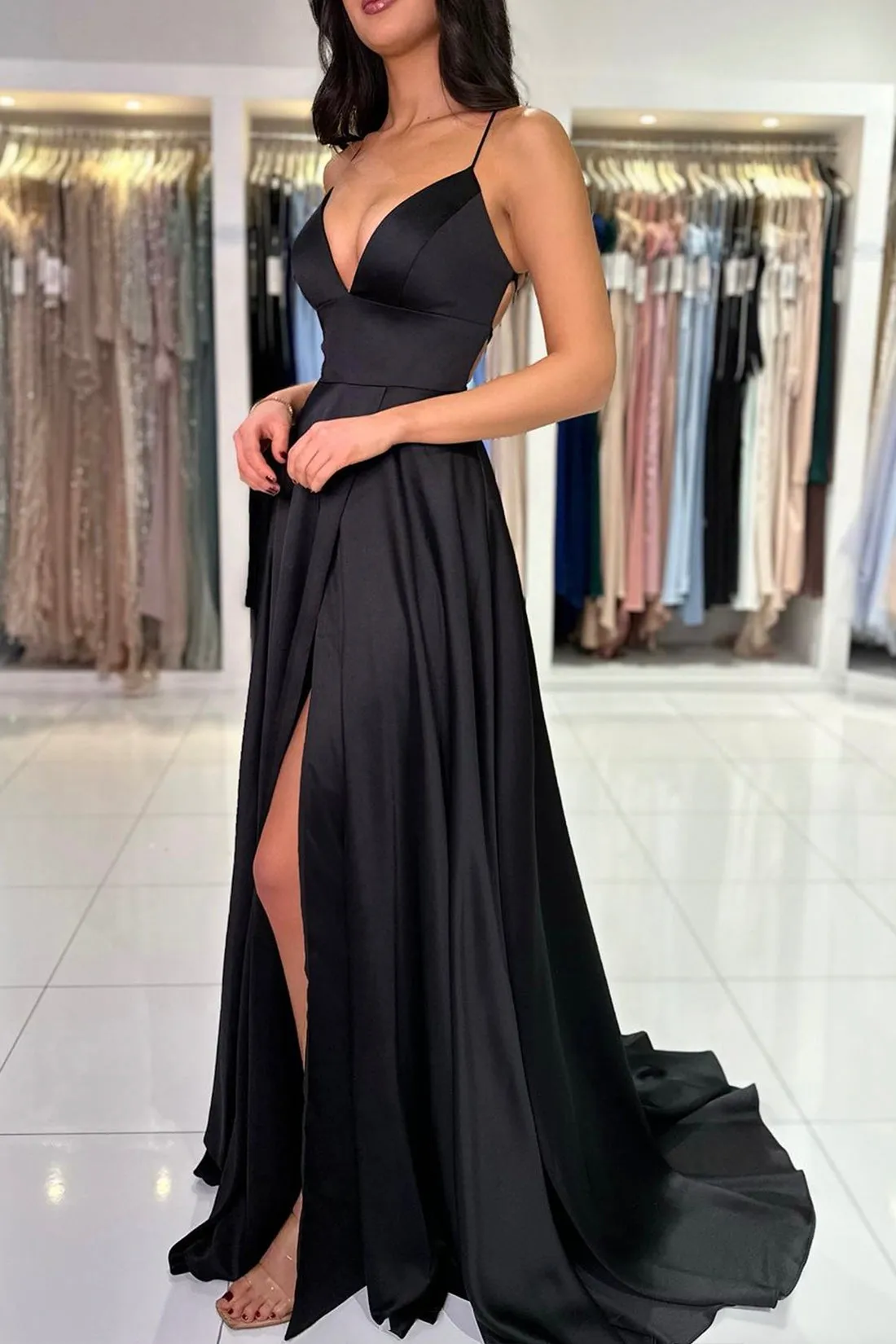 Black V-Neck Satin Long Prom Dress, Beautiful A-Line Backless Evening Party Dress