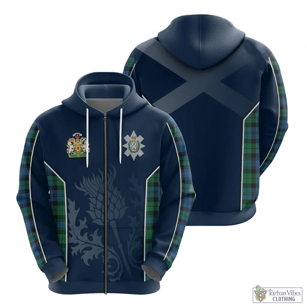 Black Watch Ancient Tartan Hoodie with Family Crest and Scottish Thistle Vibes Sport Style