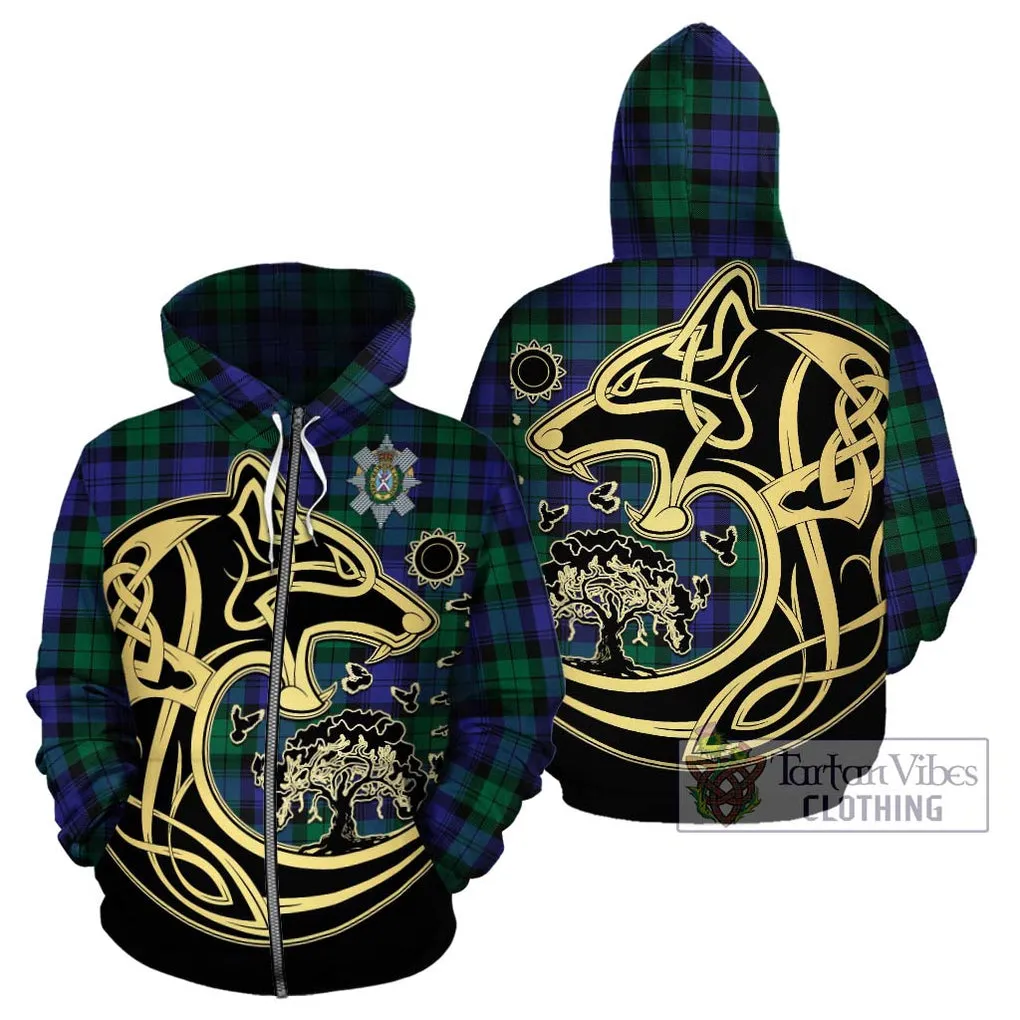 Black Watch Modern Tartan Hoodie with Family Crest Celtic Wolf Style