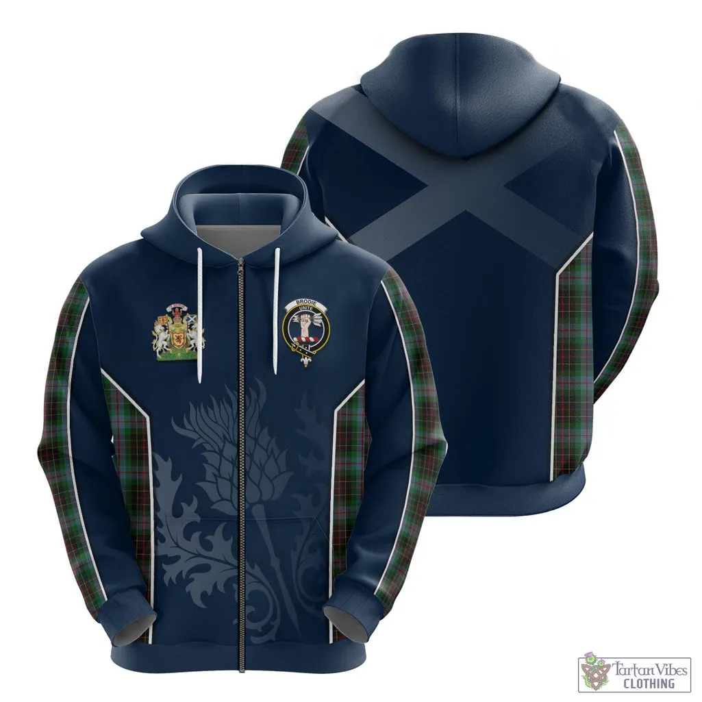 Brodie Hunting Tartan Hoodie with Family Crest and Scottish Thistle Vibes Sport Style