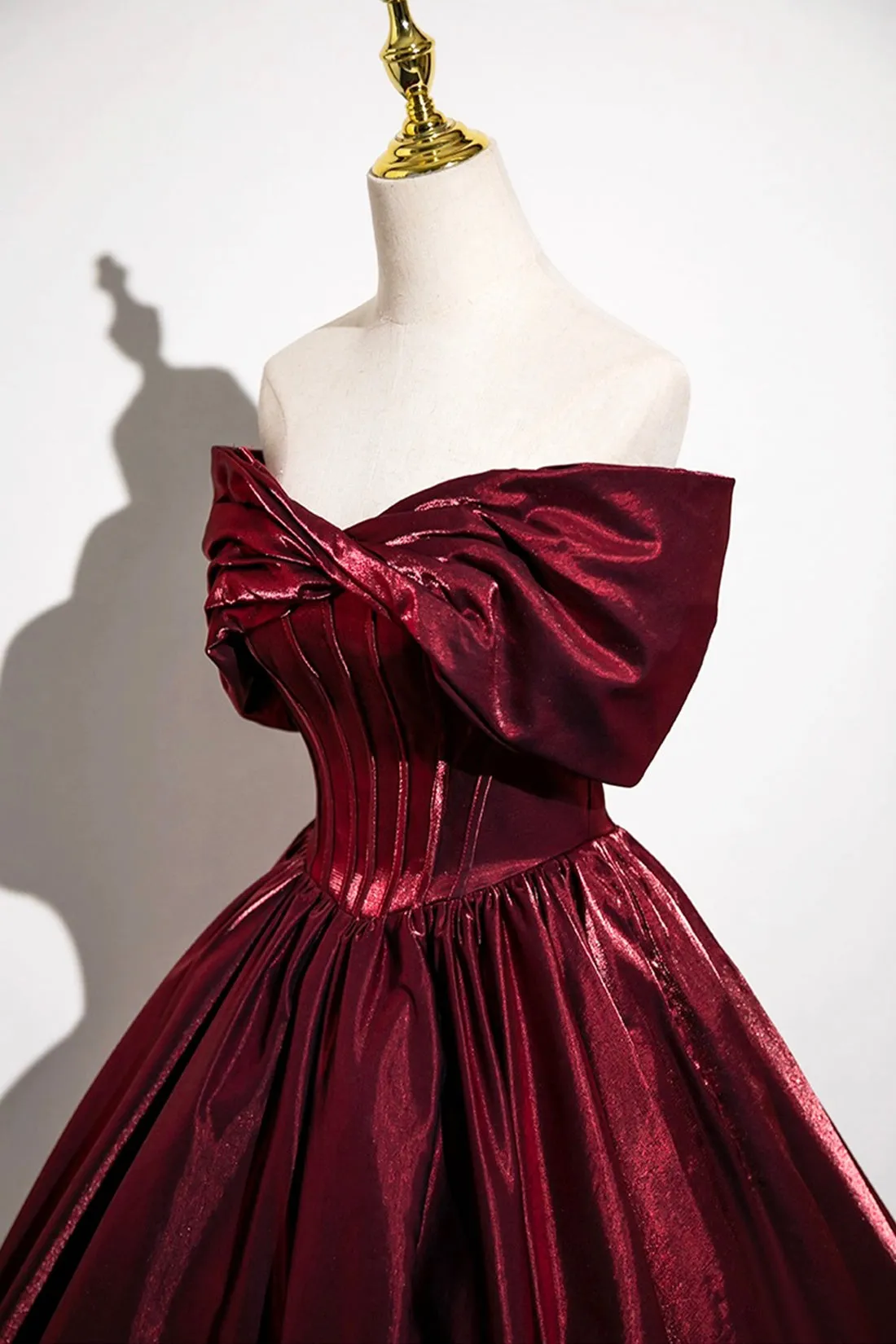 Burgundy Satin Long Prom Dress, A-Line Off the Shoulder Evening Formal Dress