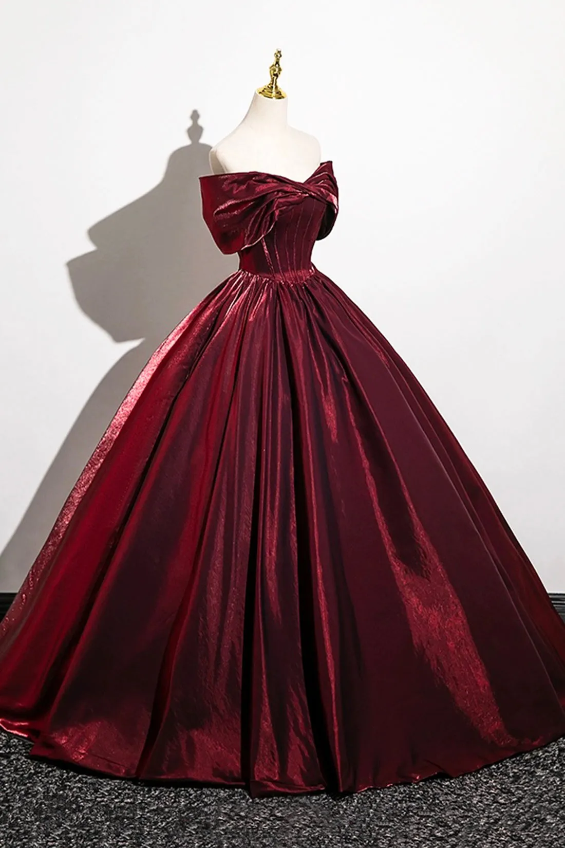 Burgundy Satin Long Prom Dress, A-Line Off the Shoulder Evening Formal Dress