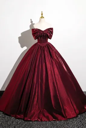 Burgundy Satin Long Prom Dress, A-Line Off the Shoulder Evening Formal Dress