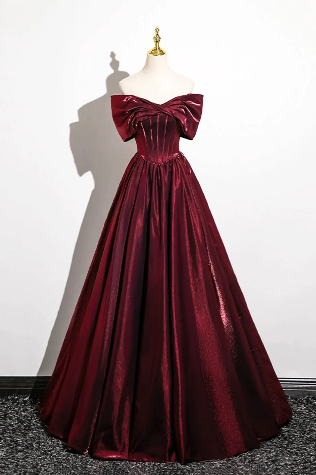 Burgundy Satin Long Prom Dress, A-Line Off the Shoulder Evening Formal Dress