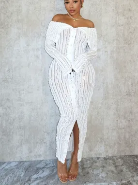 Button Front Off-shoulder Pencil Dress