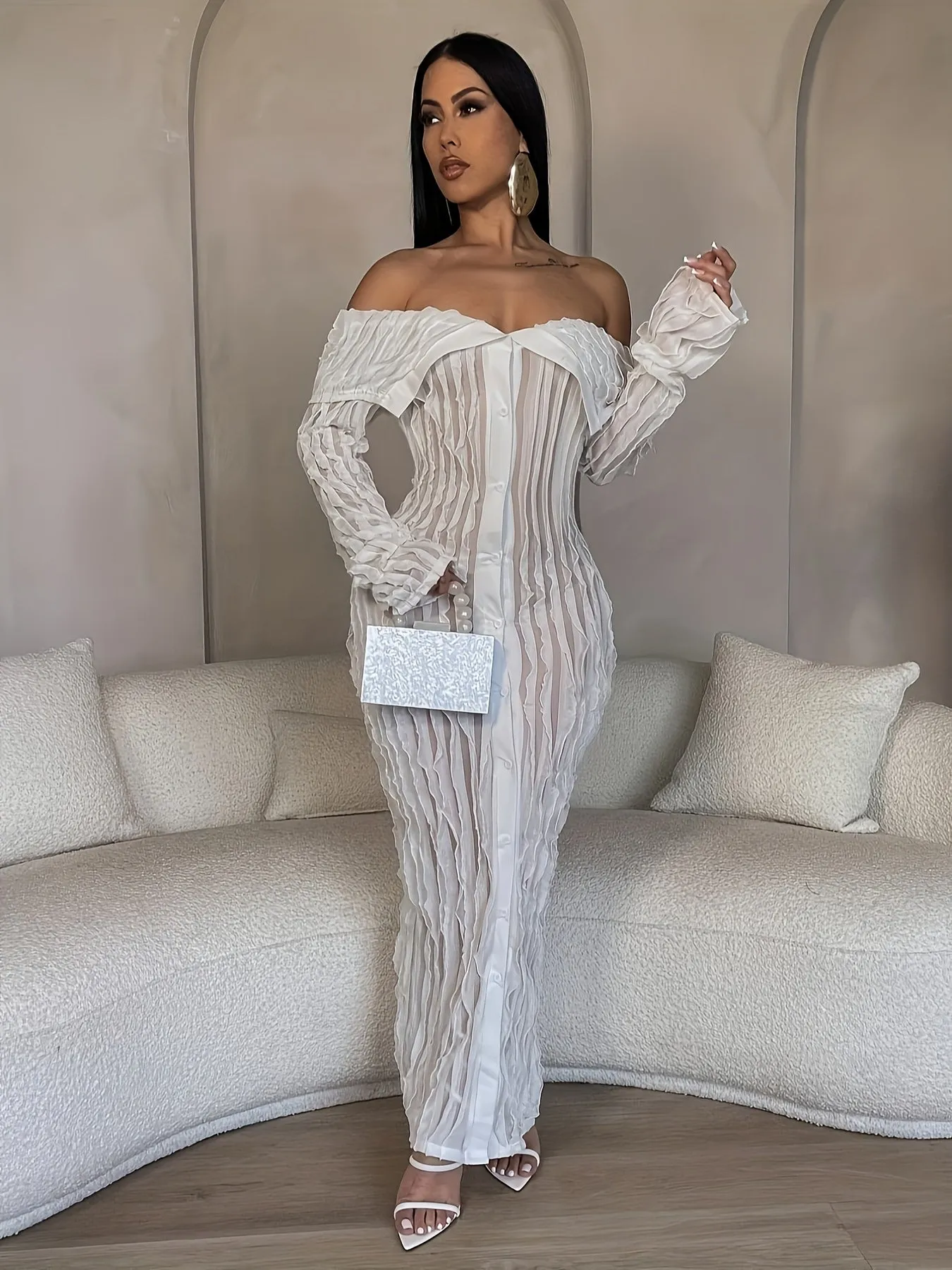 Button Front Off-shoulder Pencil Dress