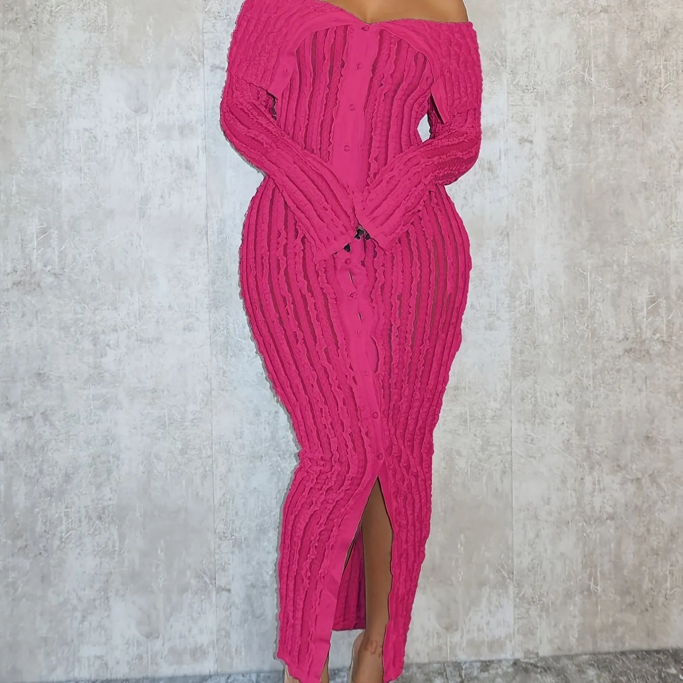 Button Front Off-shoulder Pencil Dress