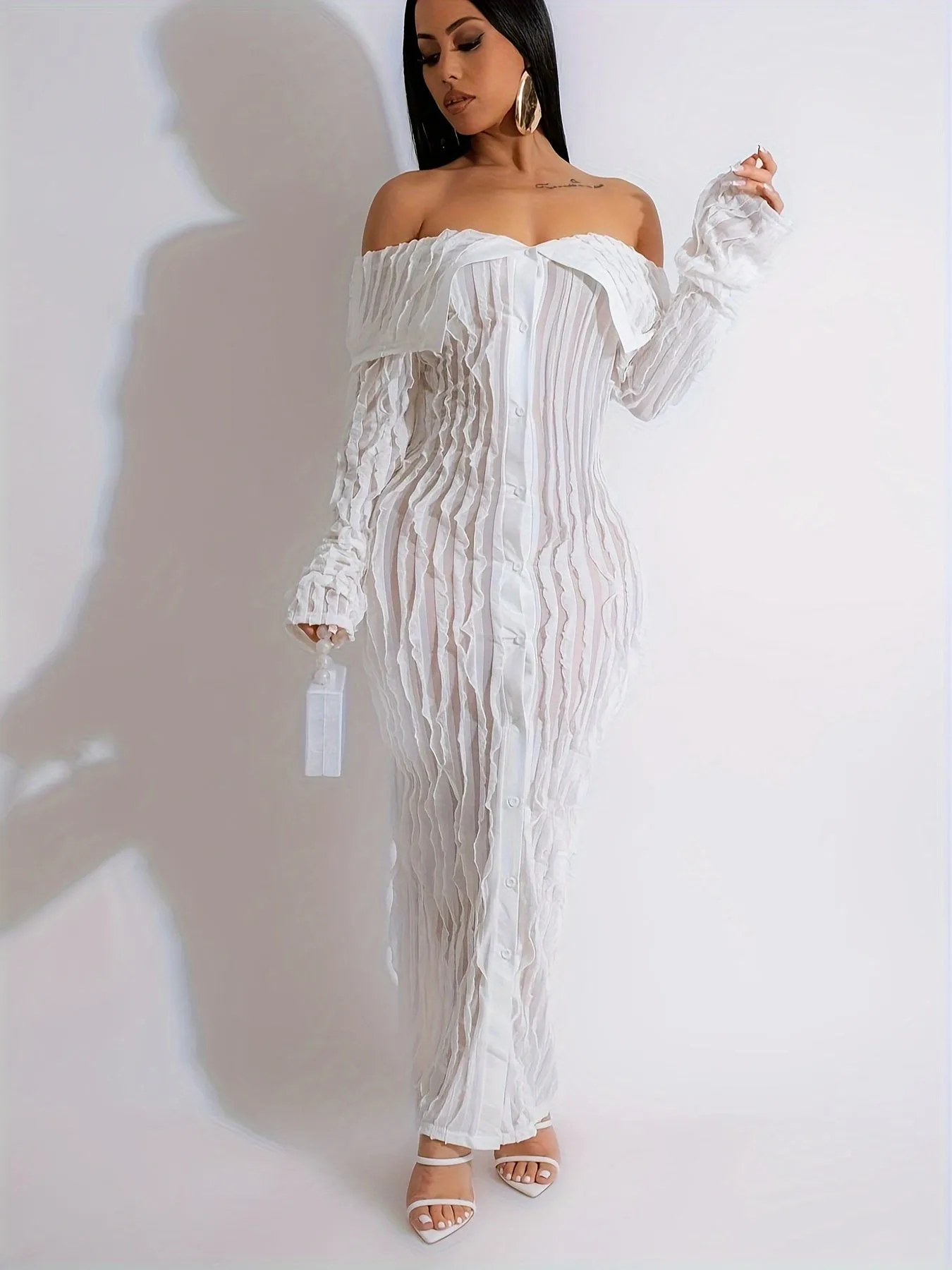 Button Front Off-shoulder Pencil Dress