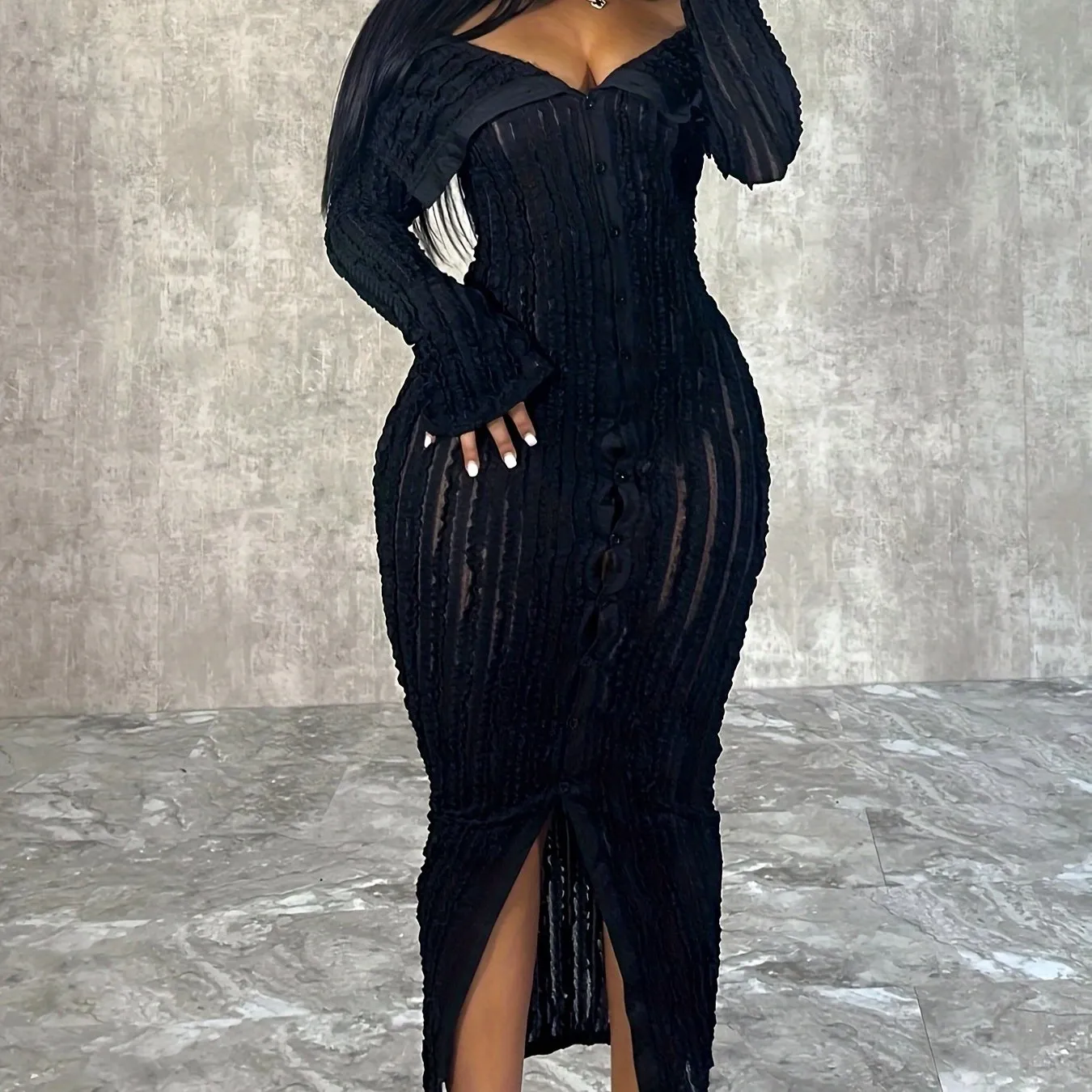 Button Front Off-shoulder Pencil Dress