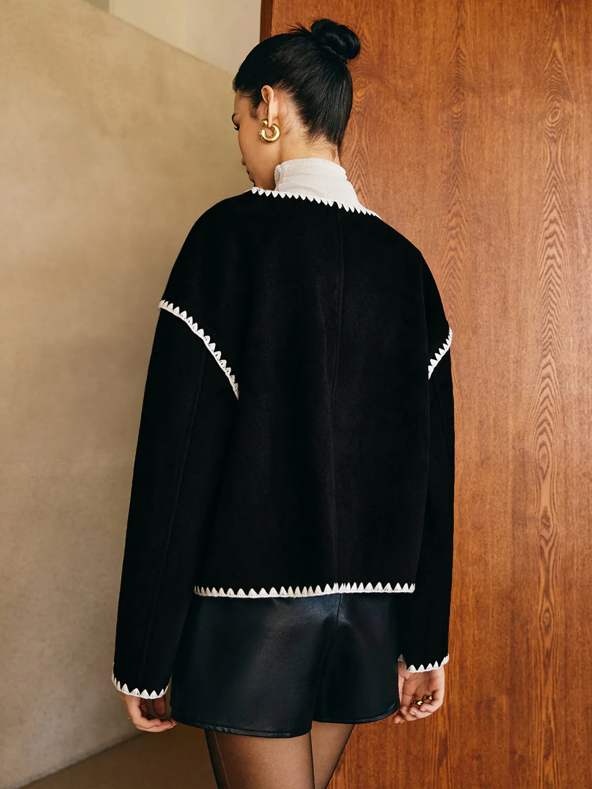 Chicmy-Contrast Embroidered Trim Tweed Coat