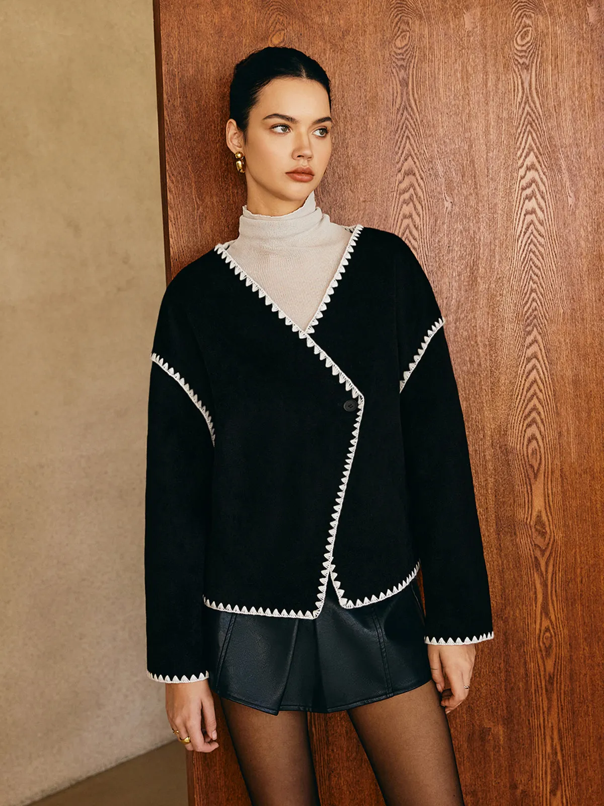 Chicmy-Contrast Embroidered Trim Tweed Coat