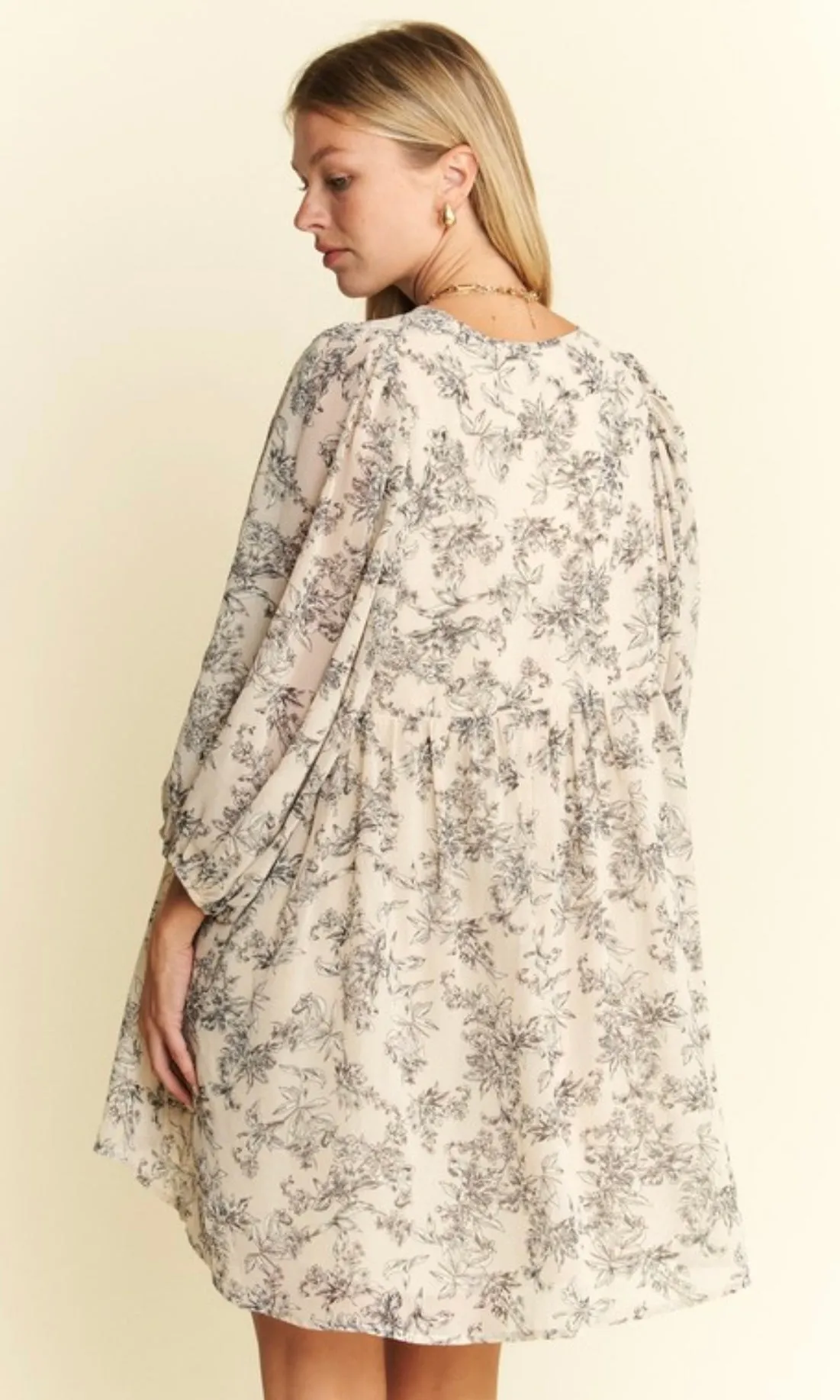 Daria Cream Chiffon Floral Babydoll Long Sleeve Mini Dress