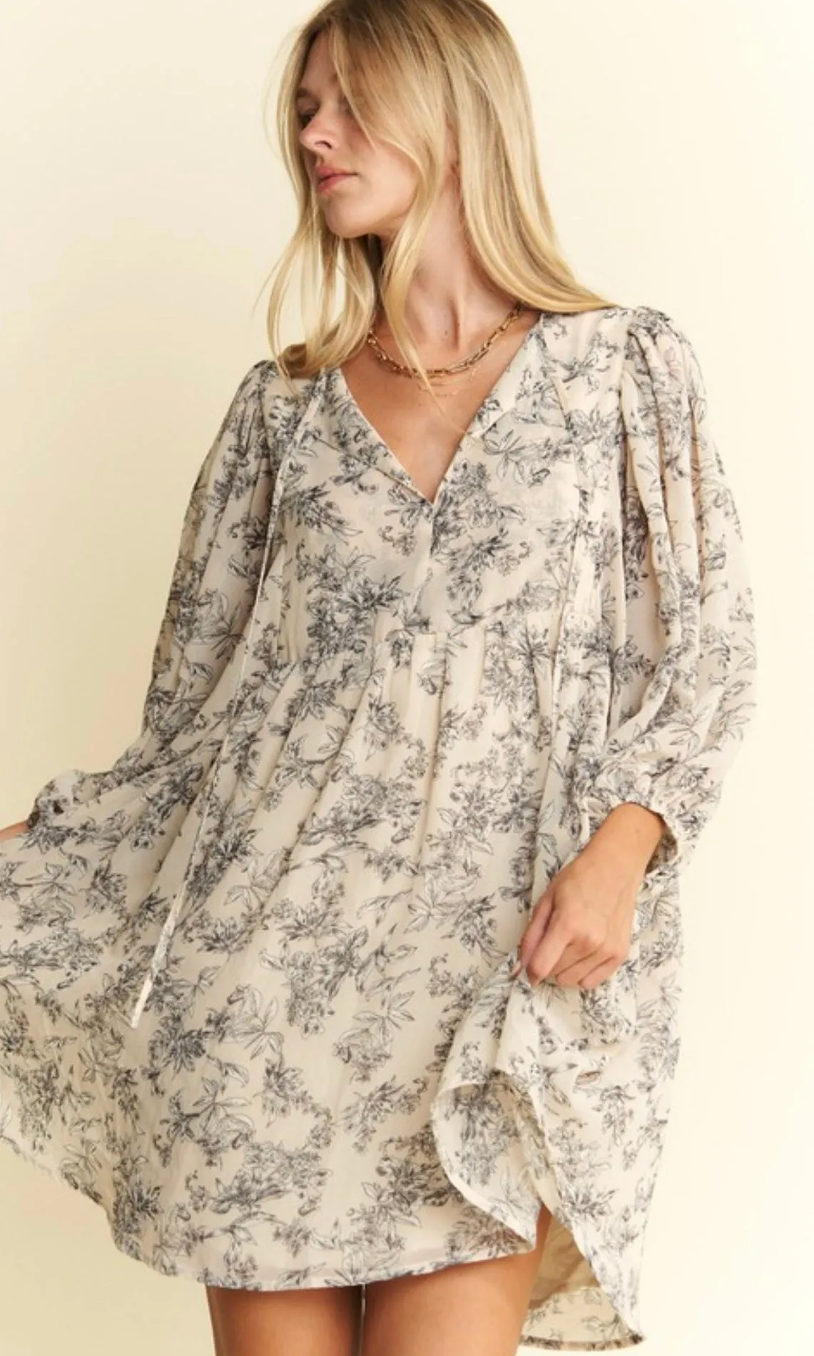 Daria Cream Chiffon Floral Babydoll Long Sleeve Mini Dress