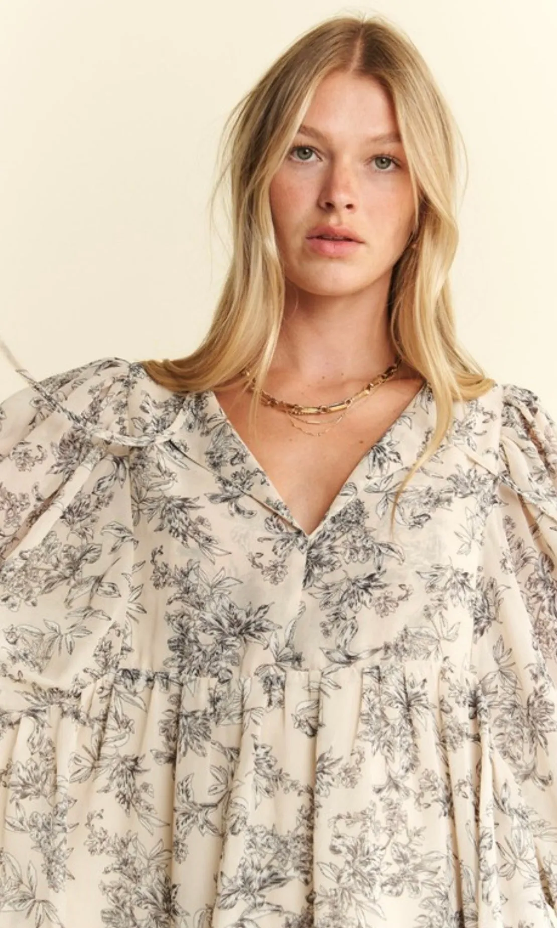 Daria Cream Chiffon Floral Babydoll Long Sleeve Mini Dress