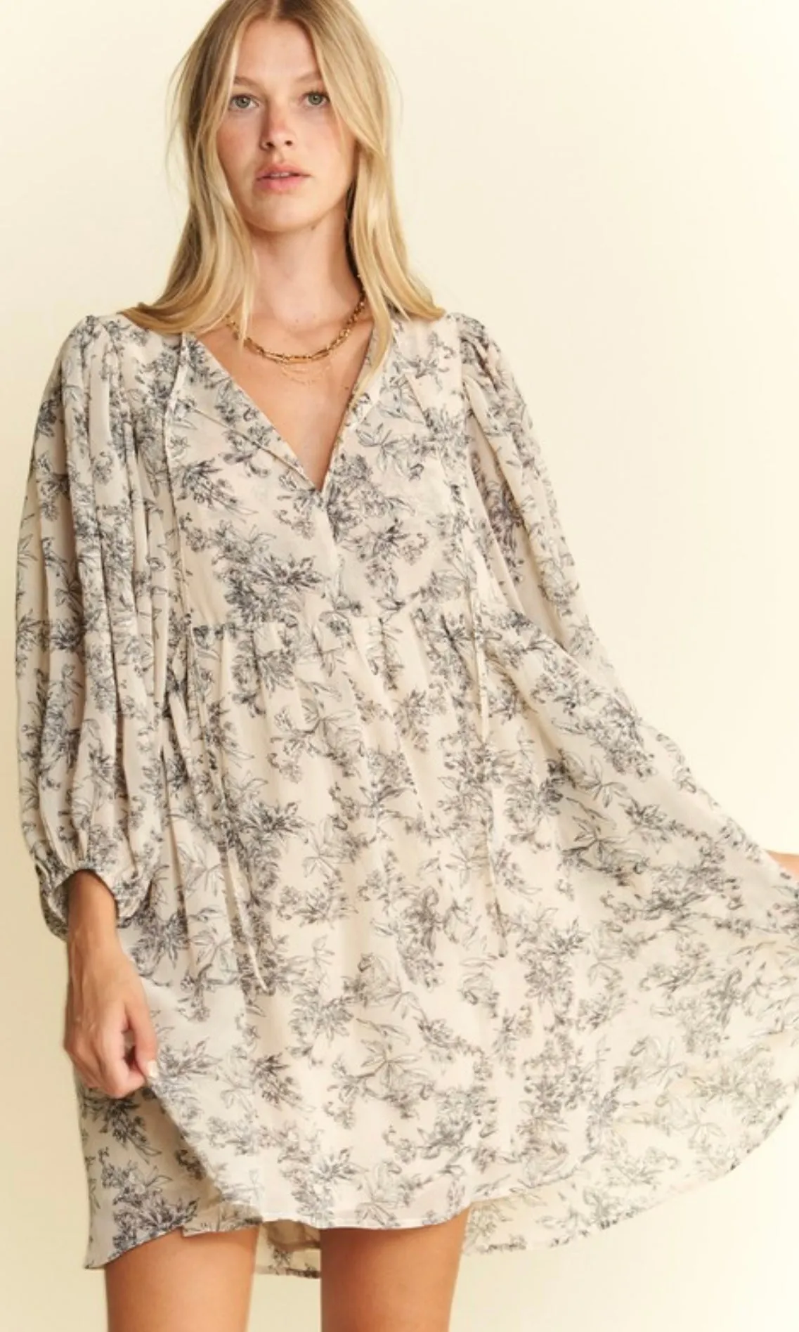 Daria Cream Chiffon Floral Babydoll Long Sleeve Mini Dress