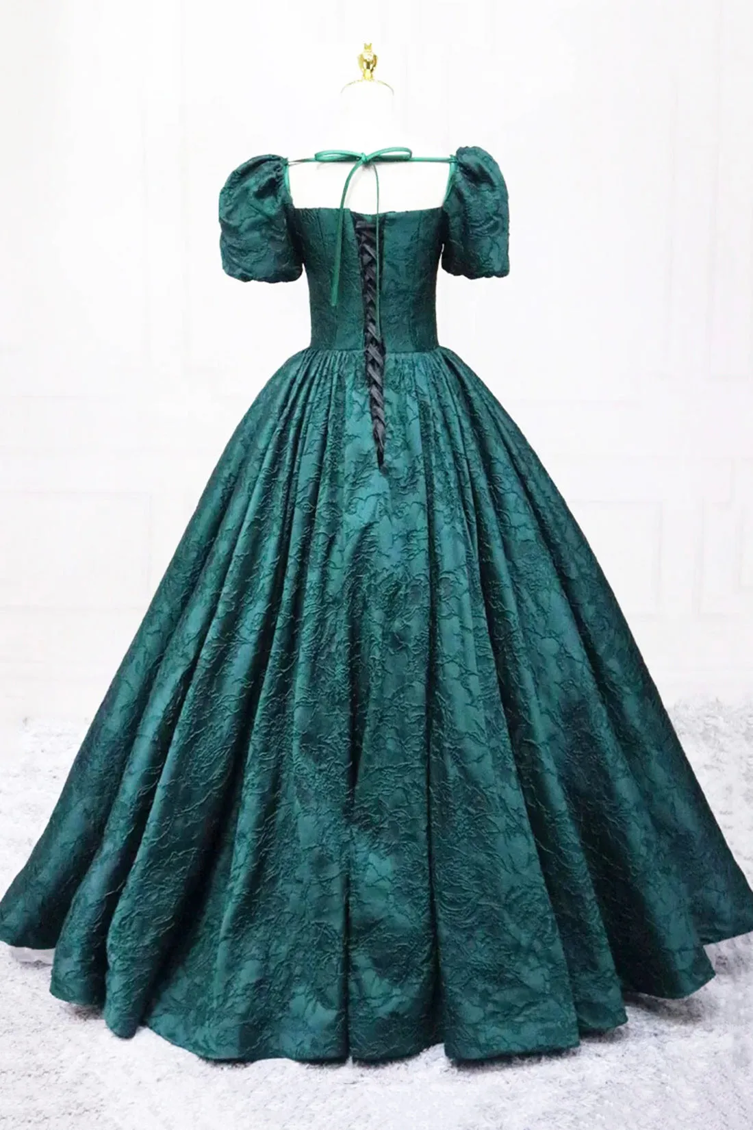 Elegant Printed Pattern Floor Length Prom Dress, Dark Green Short Sleeve Formal Dress