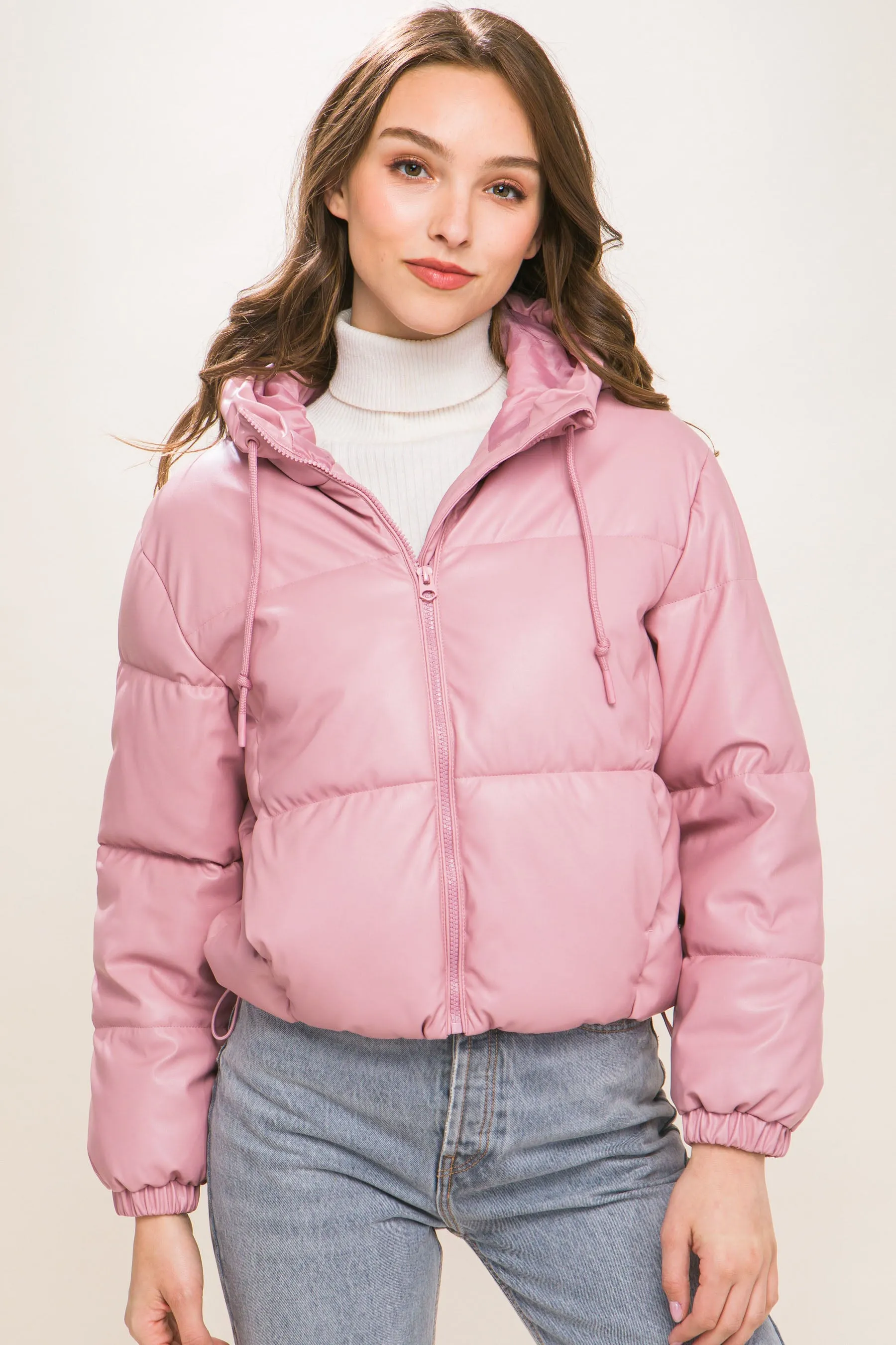 Faux Leather Hooded Puffer Jacket