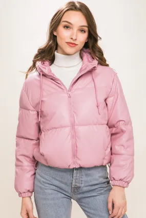Faux Leather Hooded Puffer Jacket