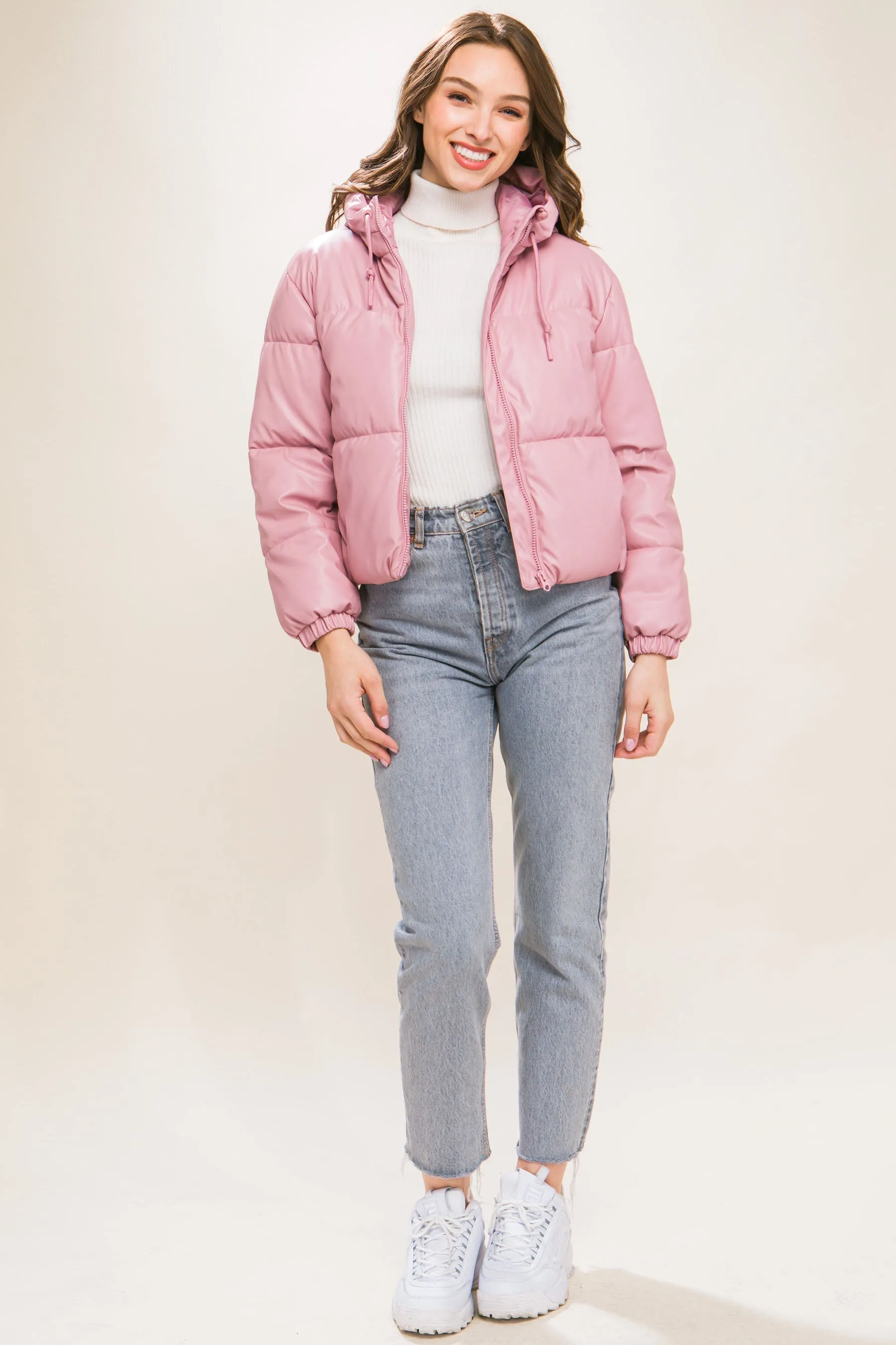 Faux Leather Hooded Puffer Jacket