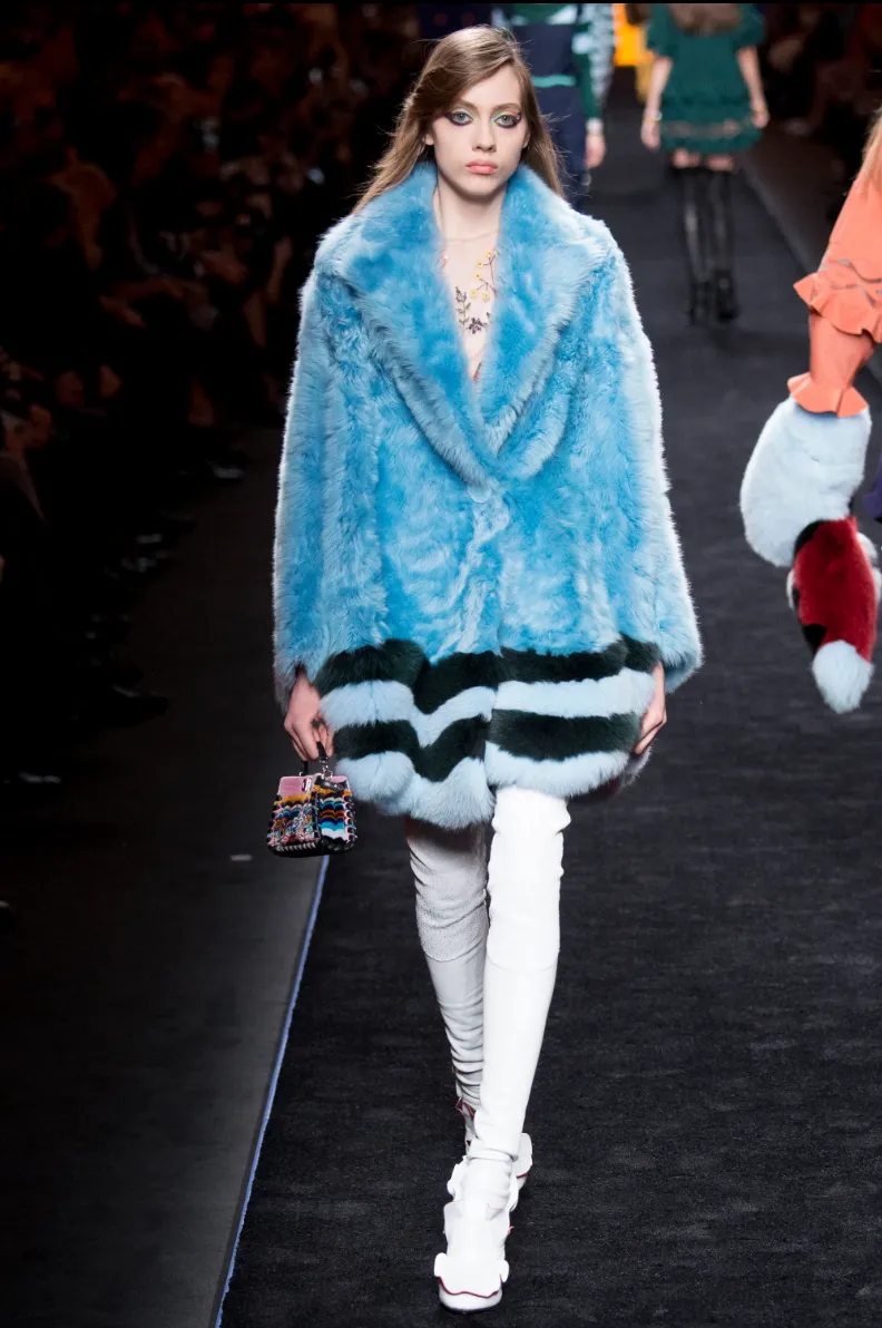 Fendi FW 2016 blue fur shearling coat with striped fox fur trims