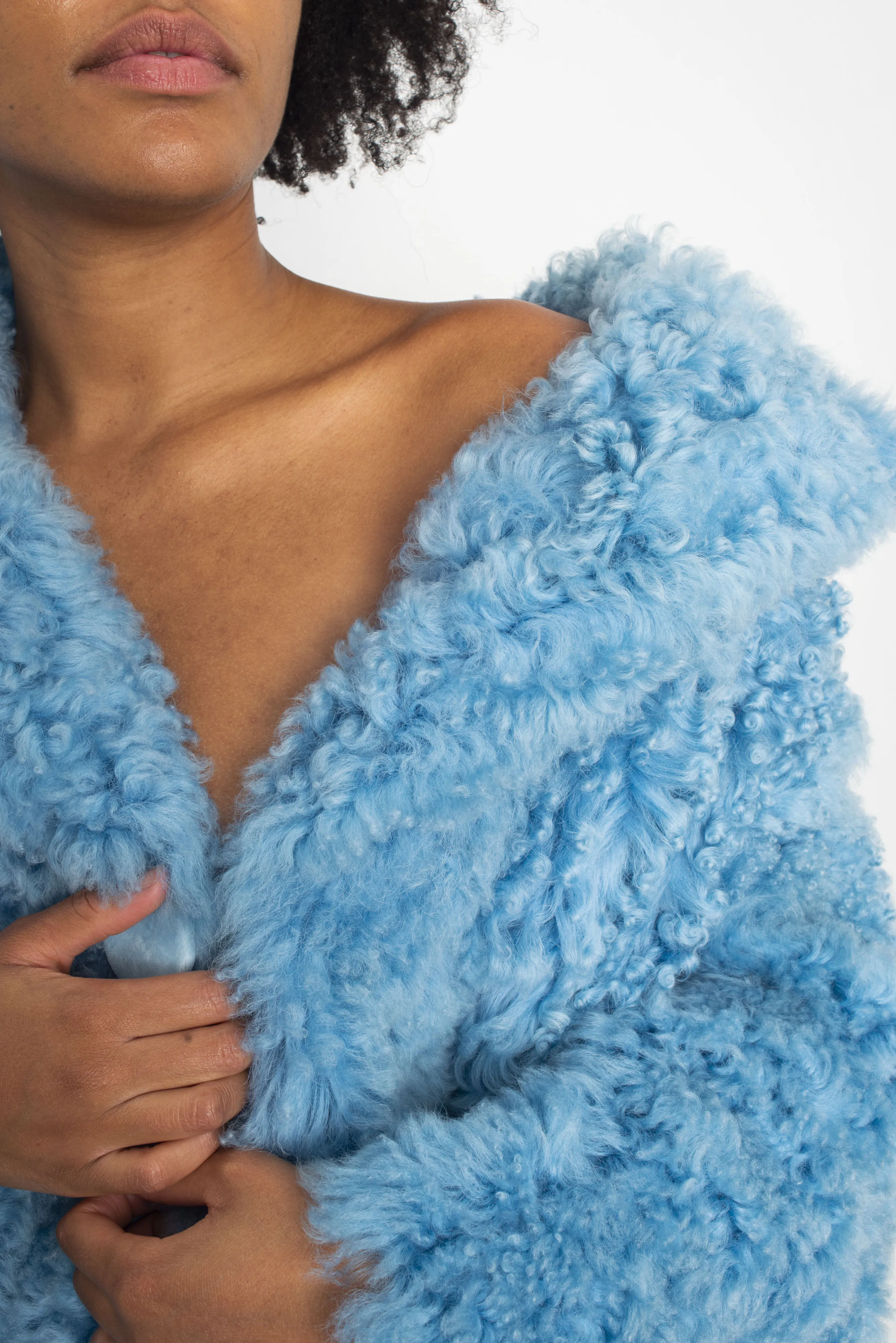 Fendi FW 2016 blue fur shearling coat with striped fox fur trims