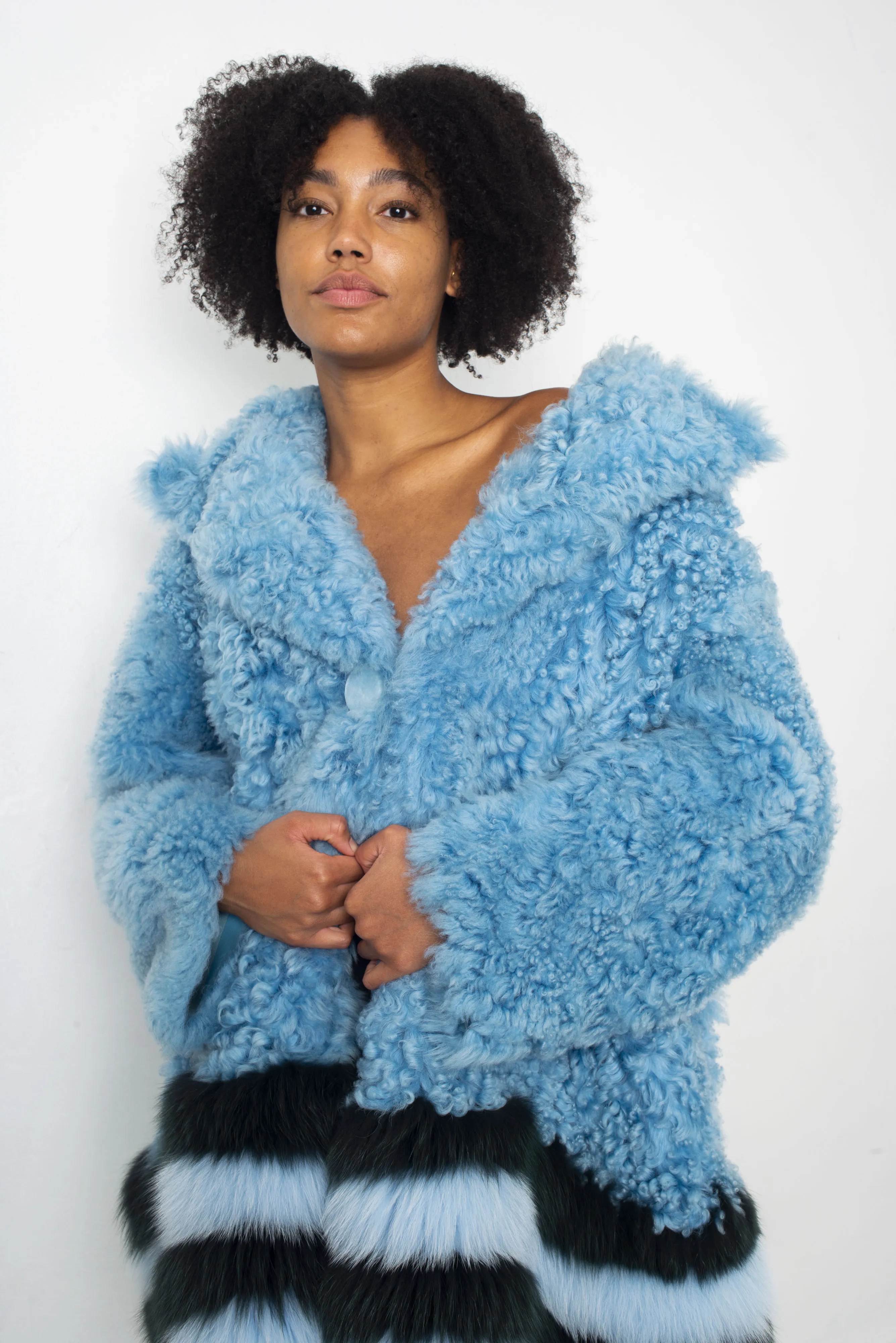 Fendi FW 2016 blue fur shearling coat with striped fox fur trims