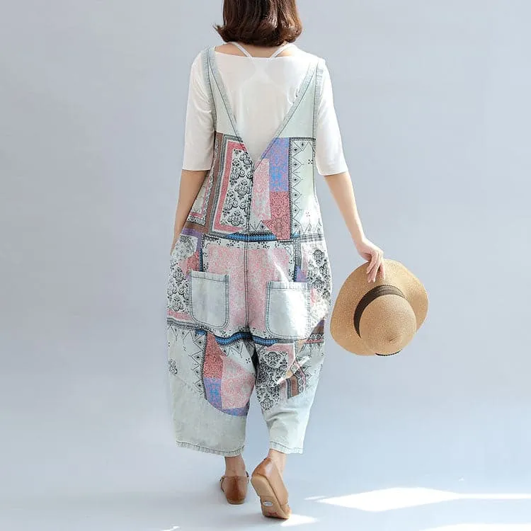 light denim casual cotton pants patchwork oversize jumpsuit pants