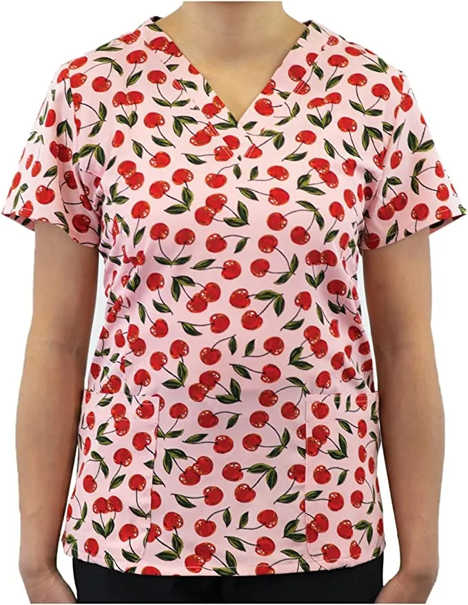 Maevn Women's V-Neck Print Scrub Top 1767 CBRS Cherries Berries <br> Sizes XS to 3XL