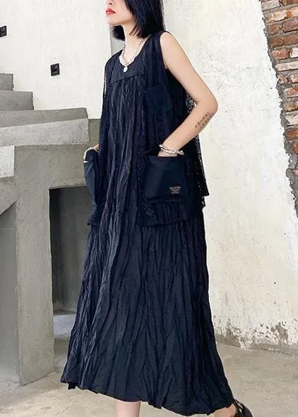 Modern sleeveless Cinched cotton summer dress Fabrics black Maxi Dresses