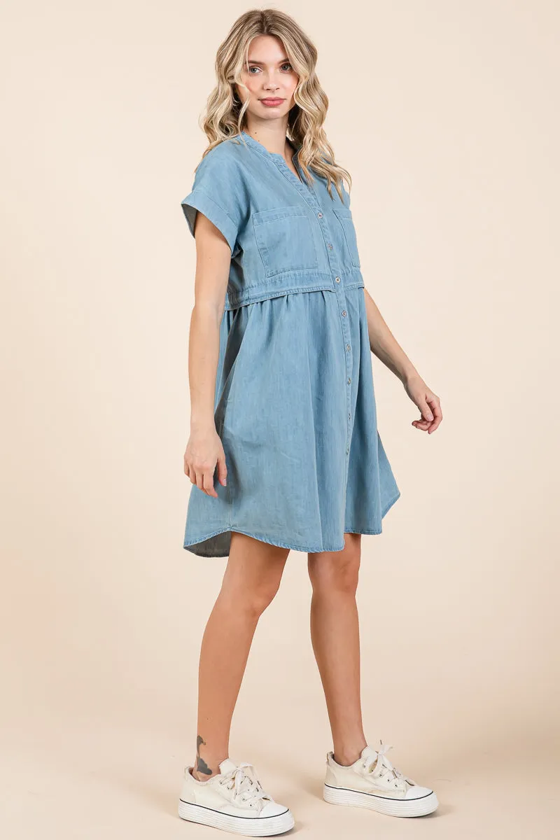 Short Sleeve Popover Waist Cotton Mini Denim Dress