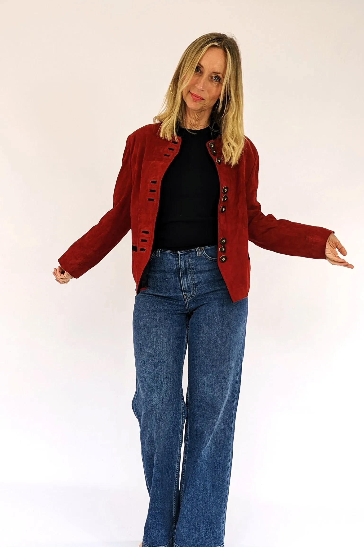 Soft Red Suede Jacket with Feature Buttons