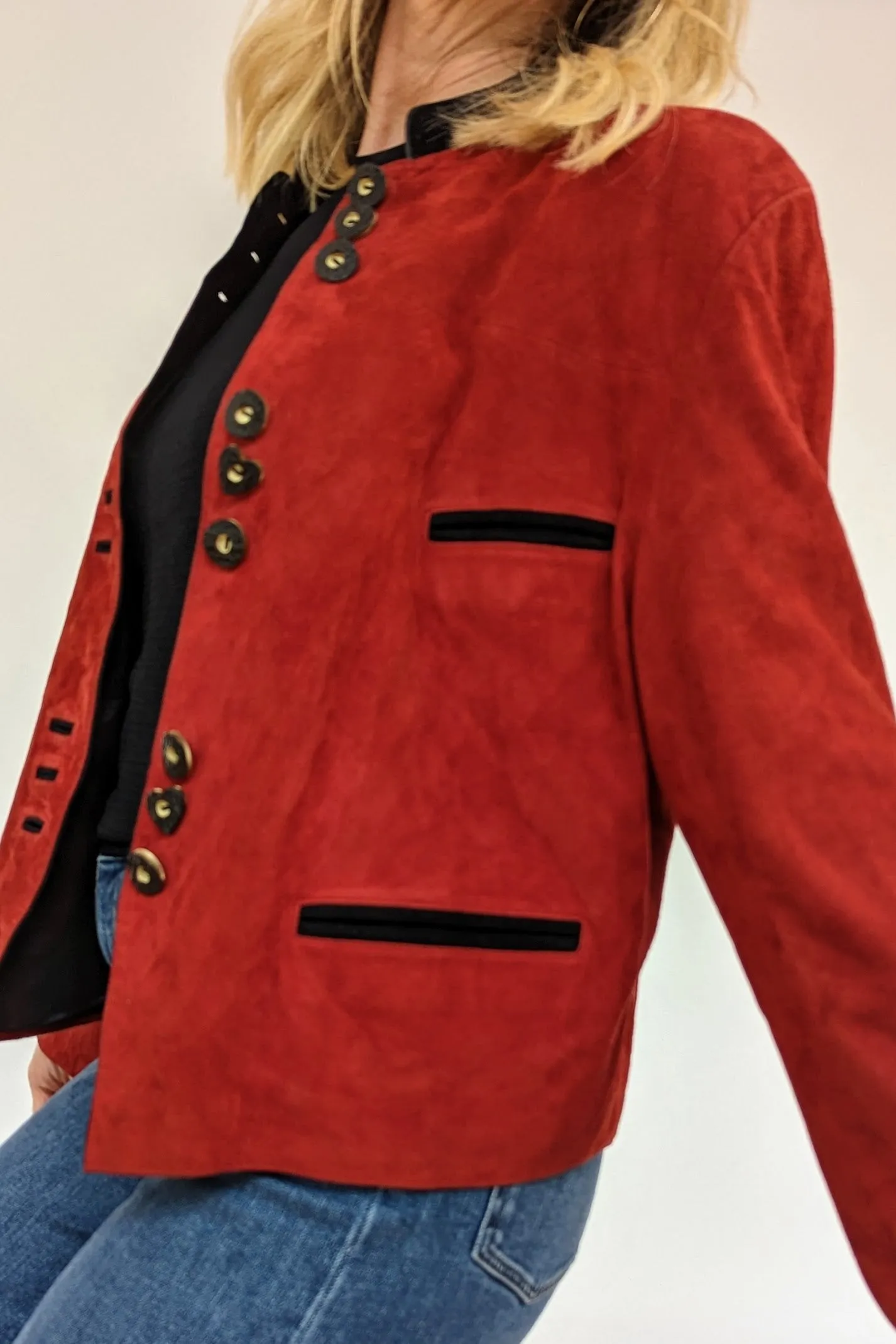 Soft Red Suede Jacket with Feature Buttons