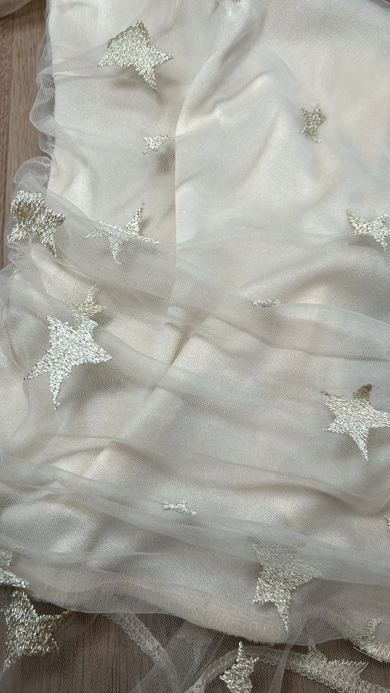 Space Disco Embroidered Mesh Bodysuit, Cream-Gold Star